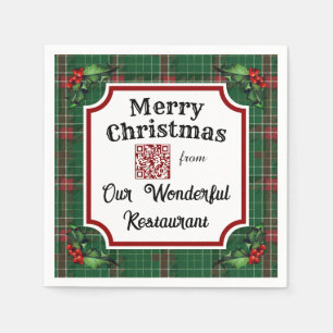 Custom QR Code Restaurant Christmas Green Plaid Napkin