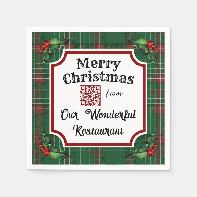 Custom QR Code Restaurant Christmas Green Plaid Napkin (Front)
