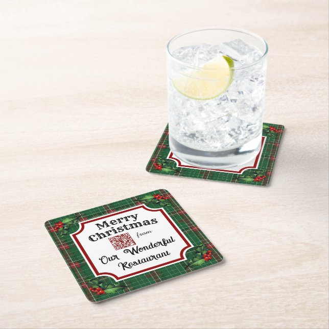 Custom QR Code Restaurant Christmas Green Plaid Square Paper Coaster (Insitu)