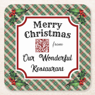 Custom QR Code Restaurant Christmas Plaid Square Paper Coaster