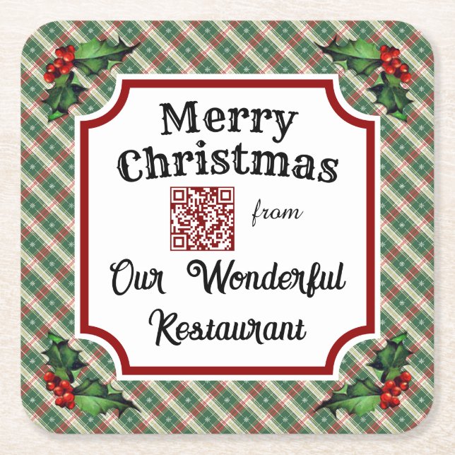 Custom QR Code Restaurant Christmas Plaid Square Paper Coaster (Front)
