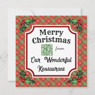 Custom QR Code Restaurant Christmas Red Plaid Holiday Card
