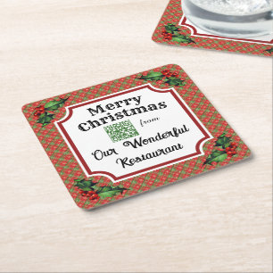 Custom QR Code Restaurant Christmas Red Plaid Square Paper Coaster