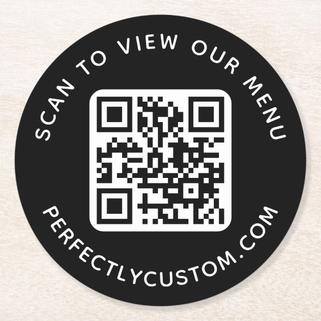 Custom QR code Scan to view our menu text black Round Paper Coaster (Front)