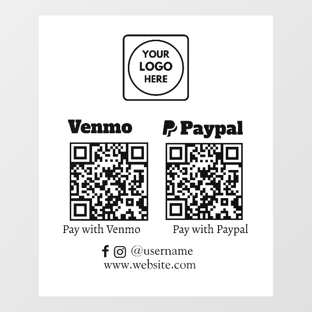 Custom QR Payment | Venmo & PayPal Logo Display Window Cling (Sheet)