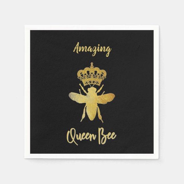 Custom QUEEN BEE Gold Black Beverage Cocktail Napkin (Front)