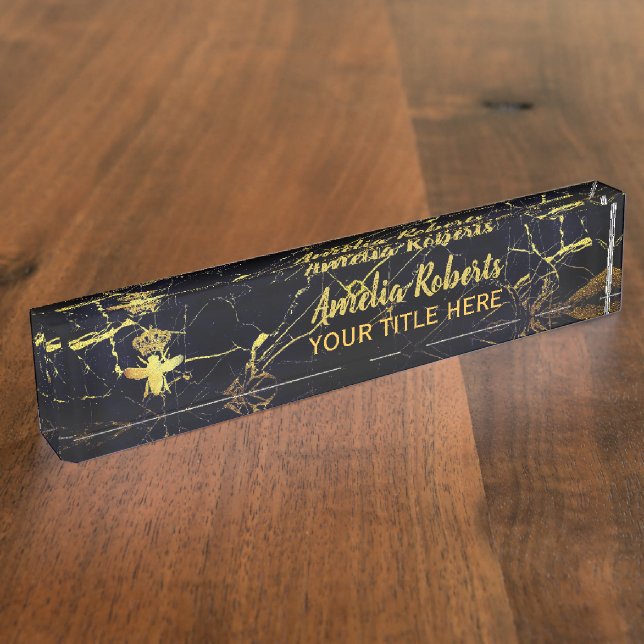 Custom QUEEN BEE Gold Black Marble Holder Nameplate (Side)
