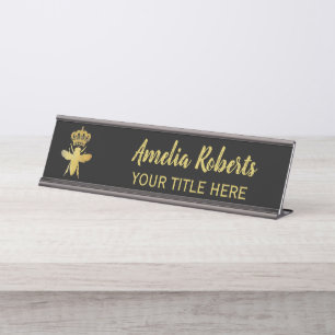 Custom QUEEN BEE Gold Black Nameplate Holder Desk Name Plate