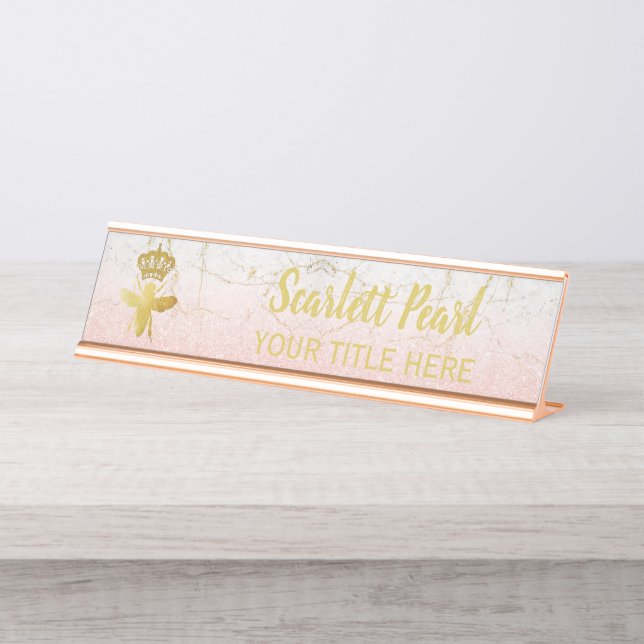 Custom QUEEN BEE Rose Pink Glitte Nameplate Holder Desk Name Plate (Front)