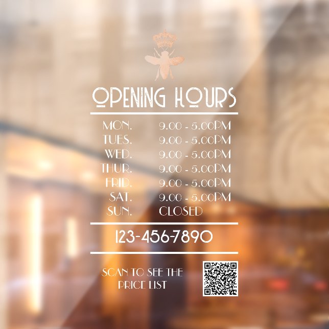 Custom QUEEN BEE White Business Open Hours Logo Window Cling (Sheet 2)