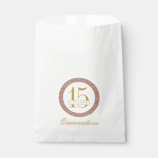 Custom Quinceanera Rose Gold Glitter Treat Favour Bag (Front)