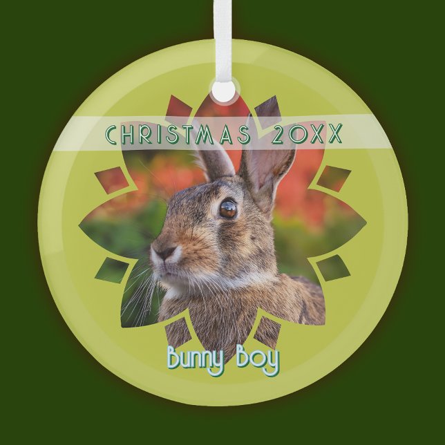 Custom Rabbit Photo on Yellow Green Glass Ornament (Creator Uploaded)