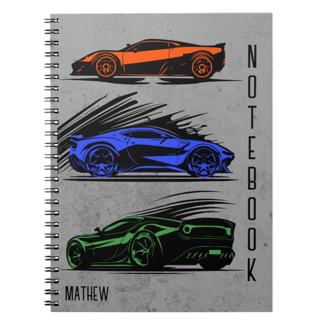 Custom Race Car Orange Blue and Green Notebook (Front)