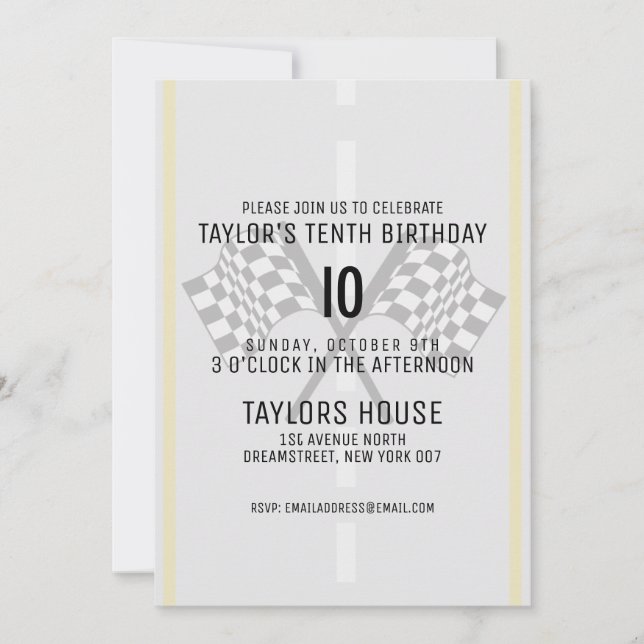 Custom Race Track Chequered Flags Birthday Party Invitation (Front)