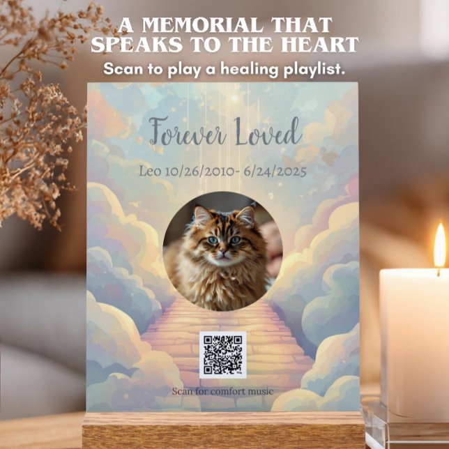 Custom Rainbow Bridge Memorial & Spotify Playlist Acrylic Sign (Custom rainbow bridge pet memorial acrylic photo block featuring a Spotify comfort playlist.)