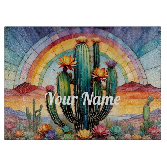 Custom Rainbow Cactus Cutting Board (Front)