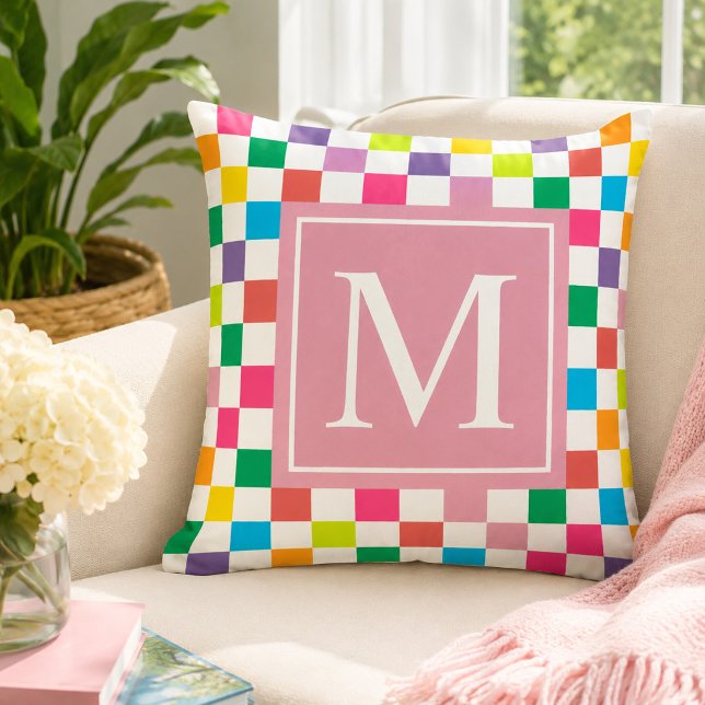 Custom Rainbow Chequered Blush Pink Monogram Throw Pillow (Creator Uploaded)