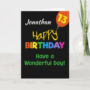 Custom Rainbow Colors on Black 13th Birthday Card