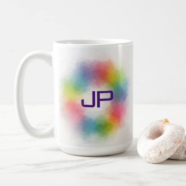 Custom Rainbow Colours Colourful Abstract Monogram Coffee Mug (With Donut)
