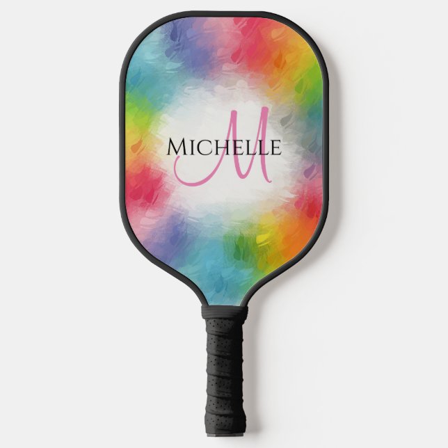 Custom Rainbow Colours Monogram Modern Template Pickleball Paddle (Front)