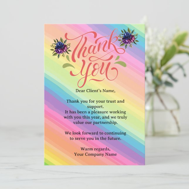 Custom Rainbow Floral Small Business Client Thank You Card (Standing Front)