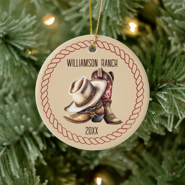 Custom Ranch Cowboy Boots And Hat With Rope Ceramic Ornament (Tree)