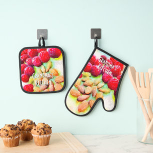 Custom Raspberries Almonds Snack Watercolor Oven Mitt & Pot Holder Set