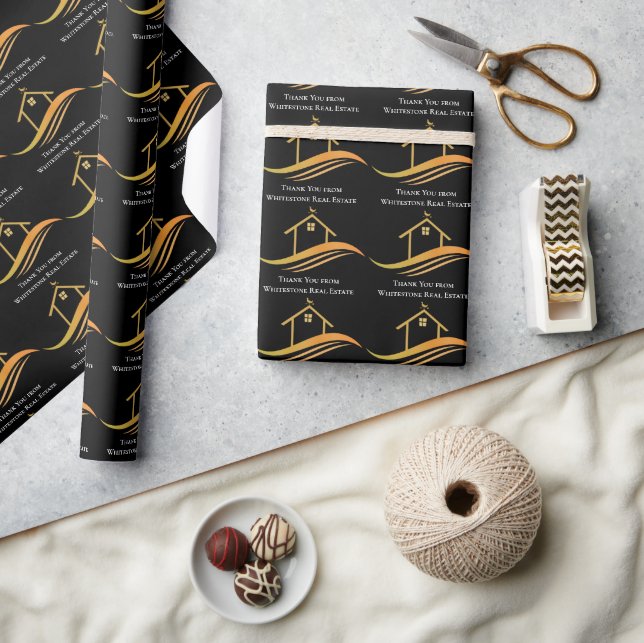 Custom Real Estate Company Chic Black Gold Realtor Wrapping Paper (Crafts)