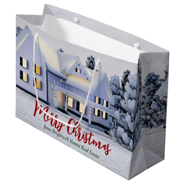 Custom Real Estate Company Christmas Winter House Large Gift Bag (Front Angled)