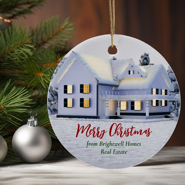 Custom Real Estate Company Winter House Christmas Ceramic Ornament (Creator Uploaded)