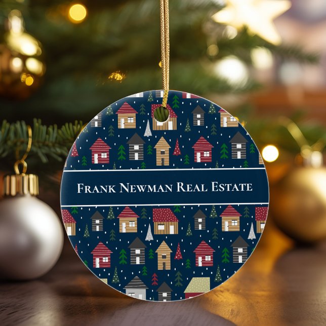 Custom Real Estate Houses Blue Holiday Christmas Ceramic Ornament (Creator Uploaded)
