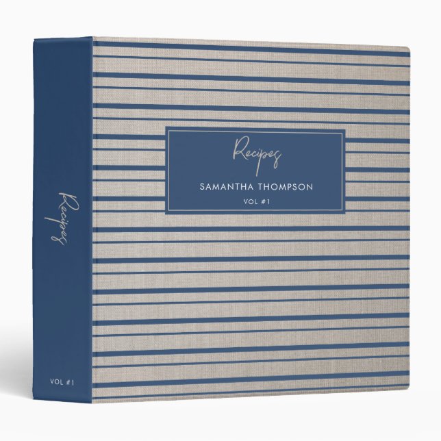 Custom Recipe Cookbook Beige Linen Blue Stripes Binder (Front/Spine)