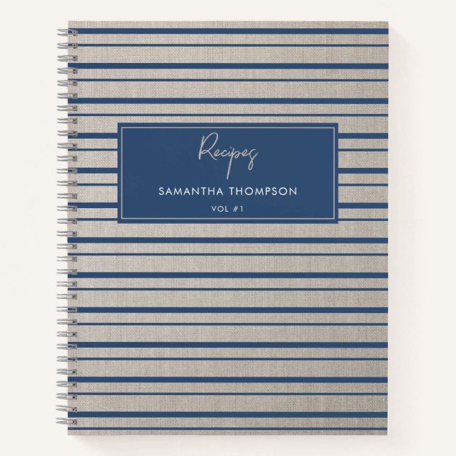 Custom Recipe Cookbook Beige Linen Blue Stripes  Notebook (Front)