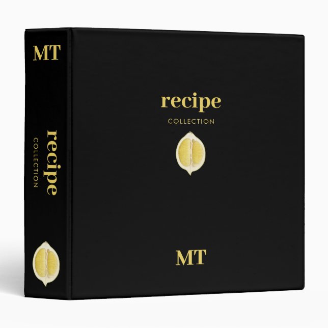 Custom Recipe Cookbook Minimalist Monogram Lemon  Binder (Front/Spine)