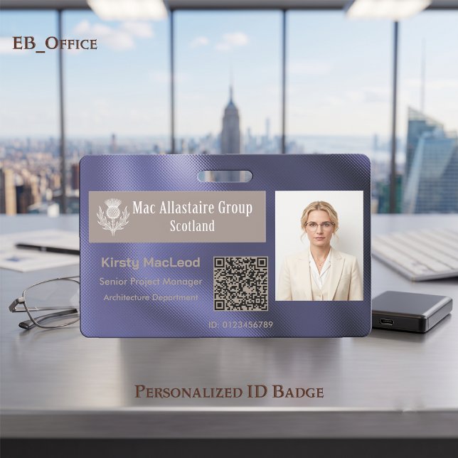 Custom Rectangle Logo Photo ID Metal Indigo Violet Badge (Indigo Violet Custom Wide Logo Placeholder Photo ID Badge Template. Size 2.13 x 3.38 Inches)