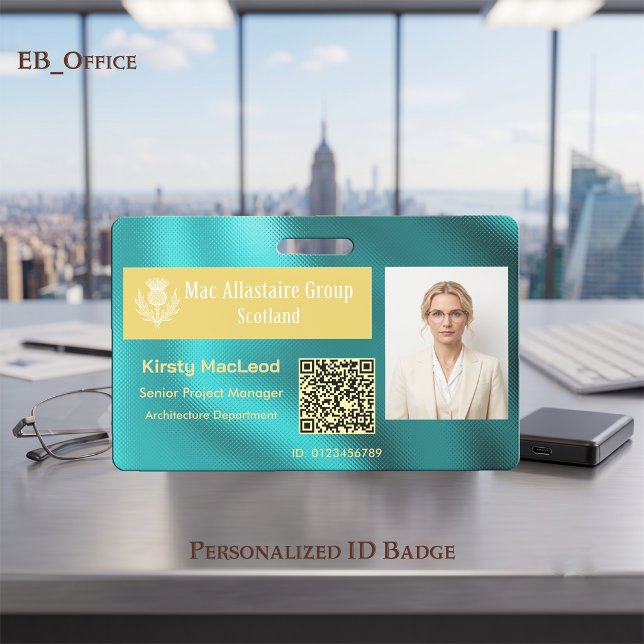 Custom Rectangle Logo Photo ID Metallic Aqua Teal Badge (Aqua Teal Custom Wide Logo Placeholder Photo ID Badge Template. Size 2.13 x 3.38 Inches)