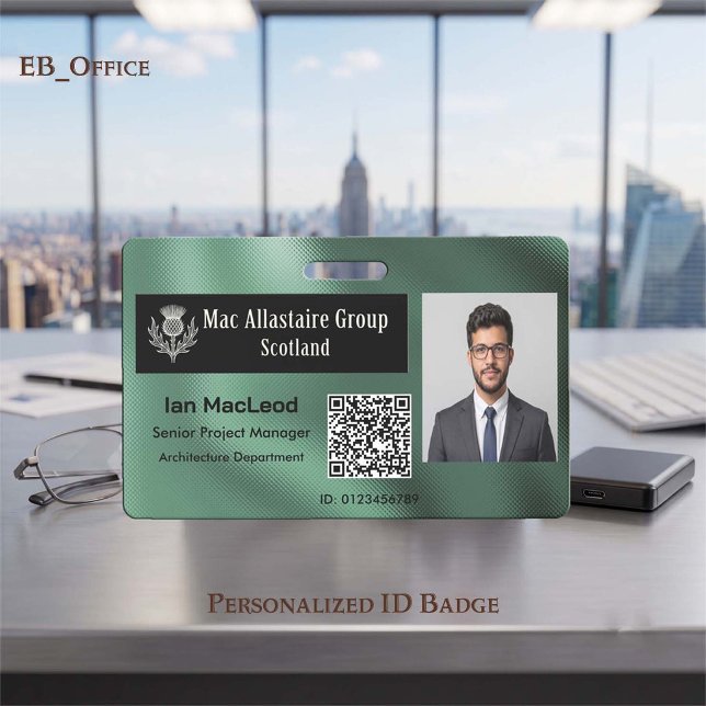 Custom Rectangle Logo Photo ID Metallic Green Badge (Emerald Green Custom Wide Logo Placeholder Photo ID Badge Template. Size 2.13 x 3.38 Inches)
