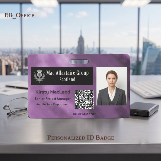 Custom Rectangle Logo Photo ID Metallic Violet Badge (Violet Custom Wide Logo Placeholder Photo ID Badge Template. Size 2.13 x 3.38 Inches)
