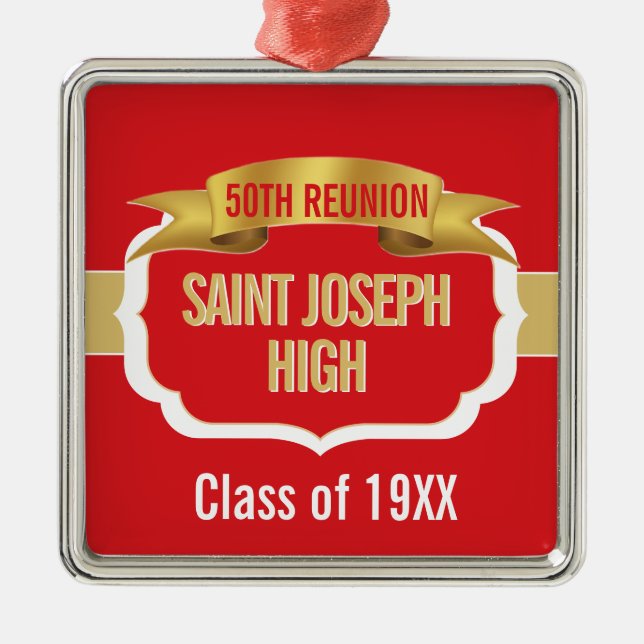 Custom Red 50th Class Reunion  Metal Ornament (Front)