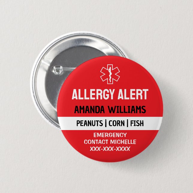 Custom Red Allergy Alert Emergency 2 Inch Round Button (Front & Back)