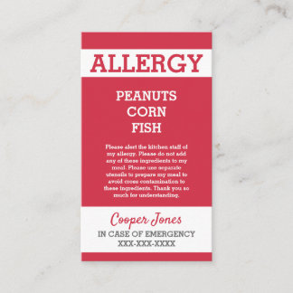 Custom Red Allergy Alert Restaurant Emergency Calling Card