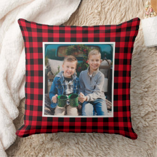 Custom Red and Black Buffalo Plaid Holiday Photo Throw Pillow