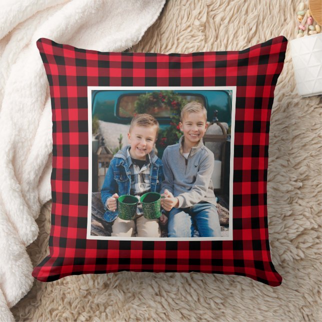 Custom Red and Black Buffalo Plaid Holiday Photo Throw Pillow (Blanket)