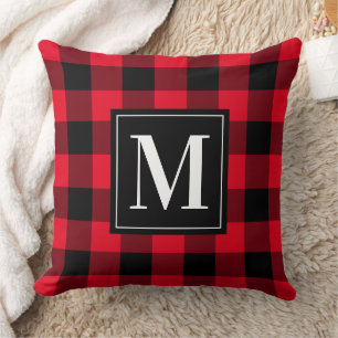 Custom Red and Black Buffalo Plaid Monogram Throw Pillow
