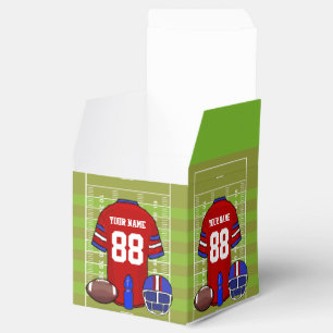 Custom Red and Blue Football Jersey on Field Favor Box