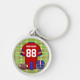 Custom Red and Blue Football Jersey on Field Keychain