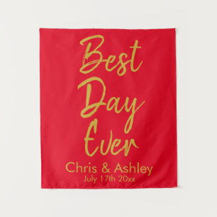 Custom Red and Gold Wedding Backdrop Best Day Ever Tapestry