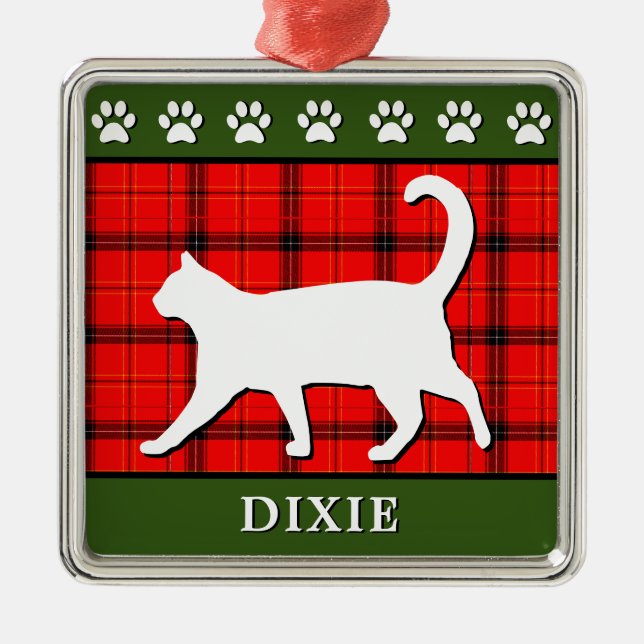 Custom Red and Green Christmas Kitty Cat Metal Ornament (Front)
