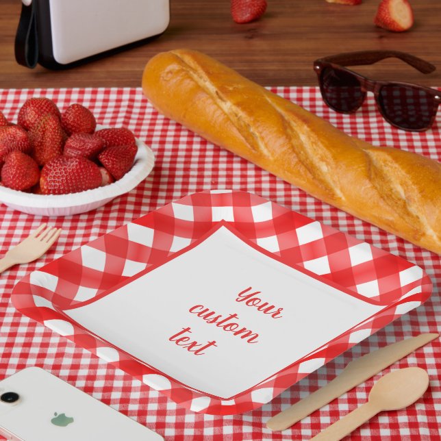 Custom red and white gingham checks paper plate (Picnic)
