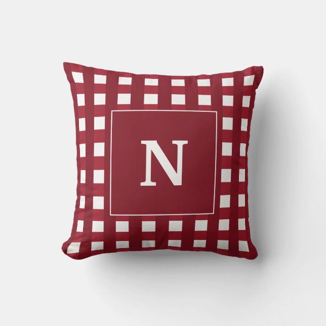 Custom Red And White Monogram Plaid Throw Pillow (Front)